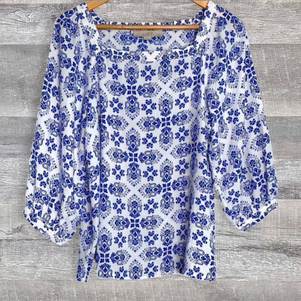 LOFT Square Neck Peasant Top Womens S White Blue Geo Print 3/4 Balloon Sleeve